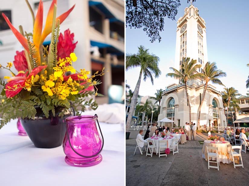 Wedding reception at the Waterfront at Aloha Tower in Honolulu, Hawaii. Destination bride and groom from California.